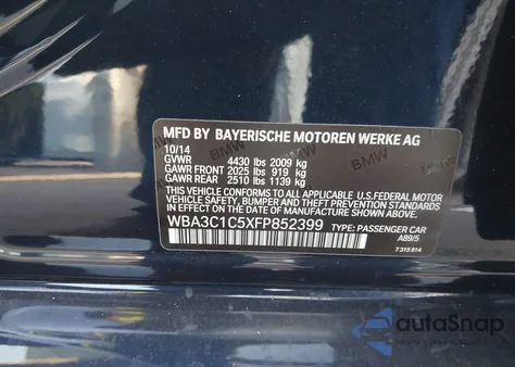 2015 BMW 328I из США, поврежденный, VIN WBA3C1C5XFP852399